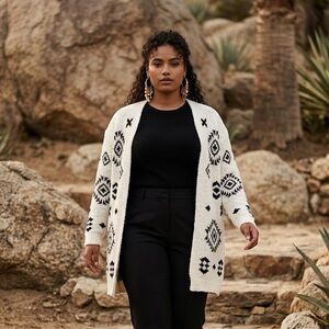 Savanna Jane Ivory Aztec Open Front Cardigan Duster 2X Cozy Boho Plus Size